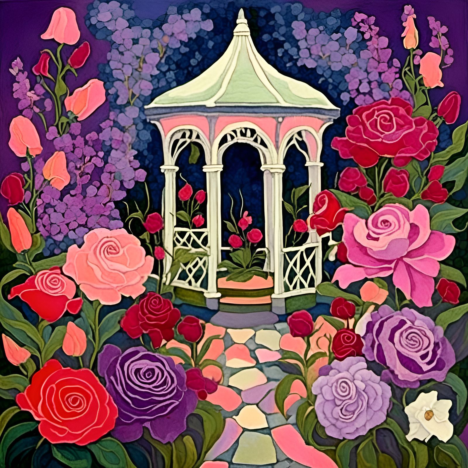 Whimsical wonky quaint abstracted garden with a gazebo peoni...
