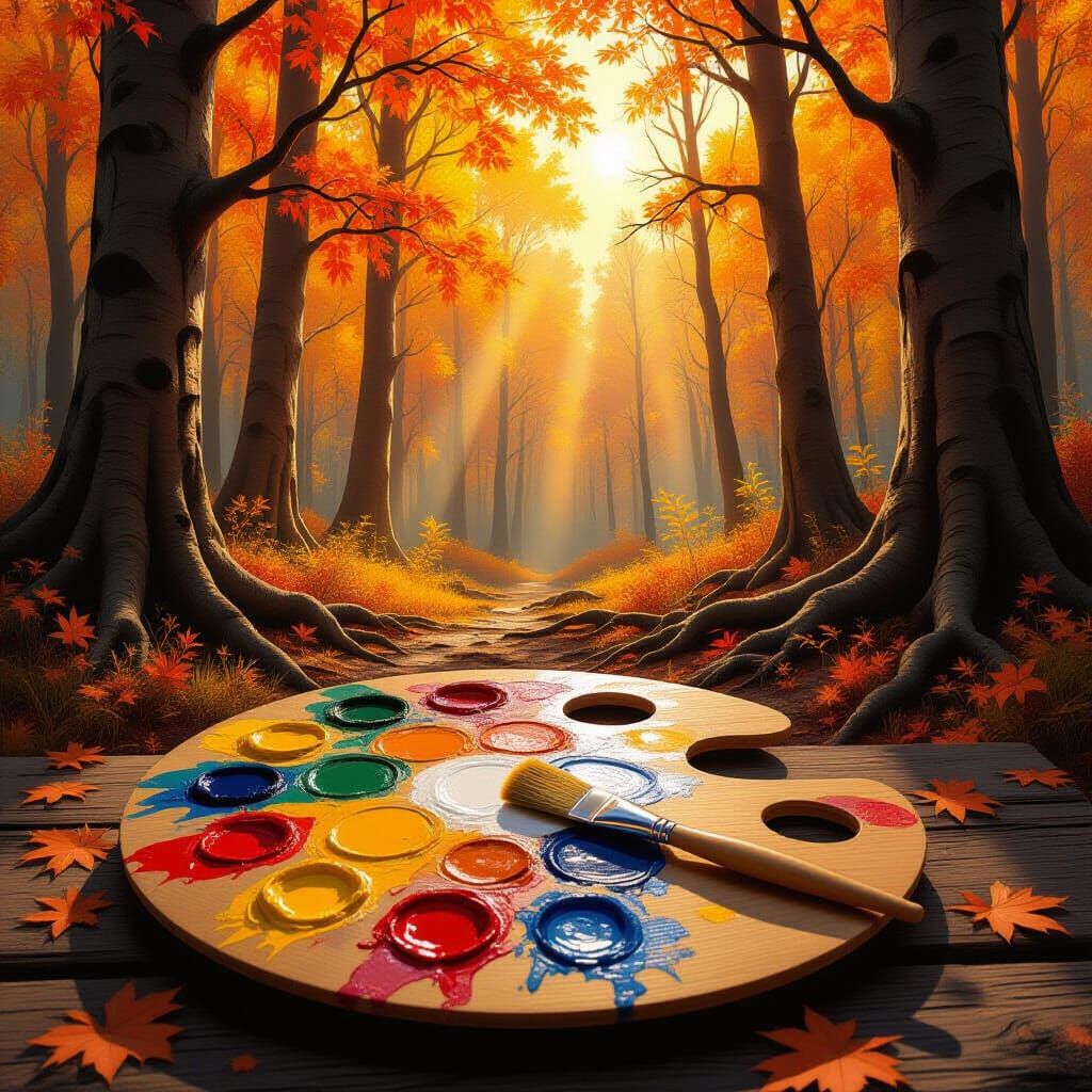 A painter's wooden palette transforms into a magical autumn forest, with bright orange trees, sunbeams, twisted roots, and a paintbrush rest...