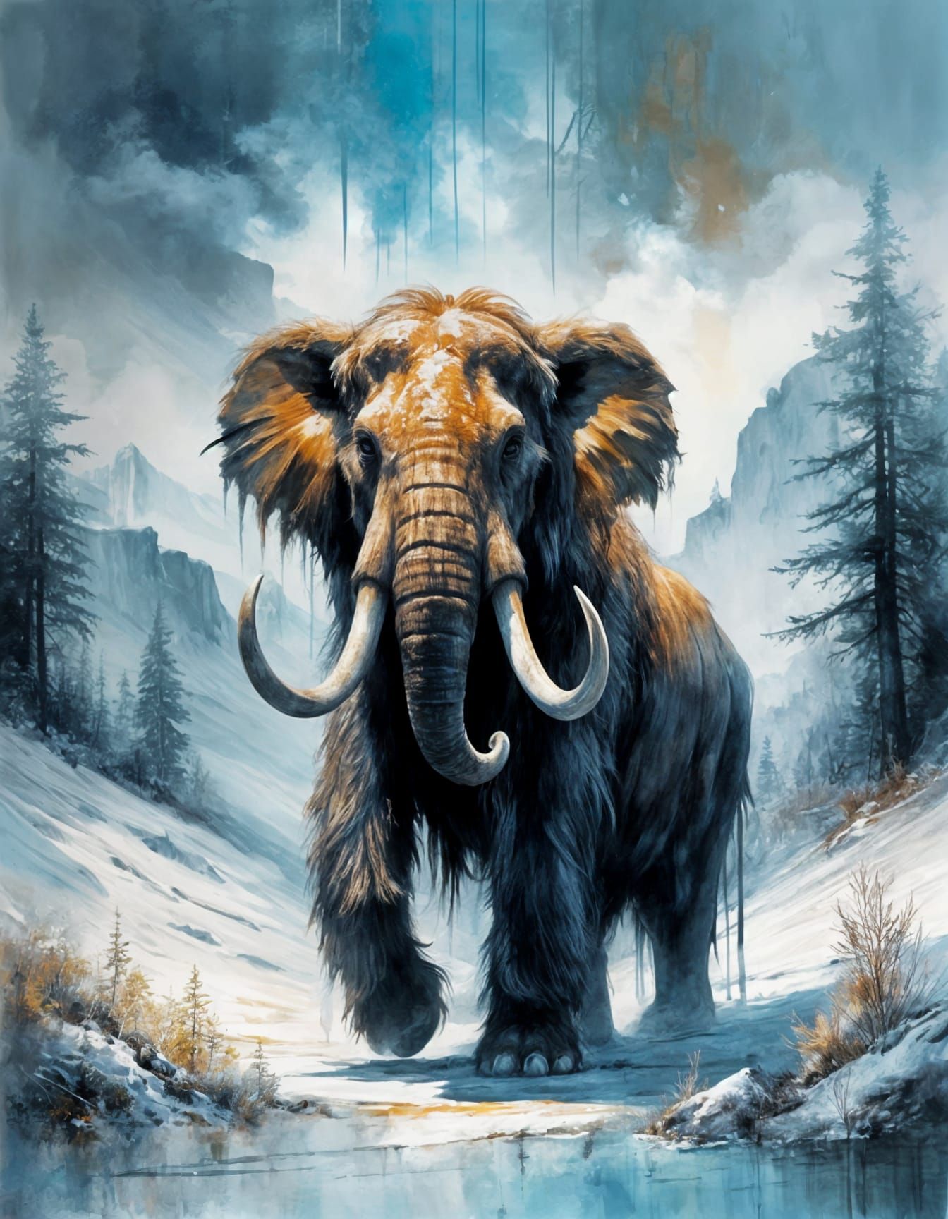 Lone woolly mammoth in snowy valley,   by @Dreamer in Hell
