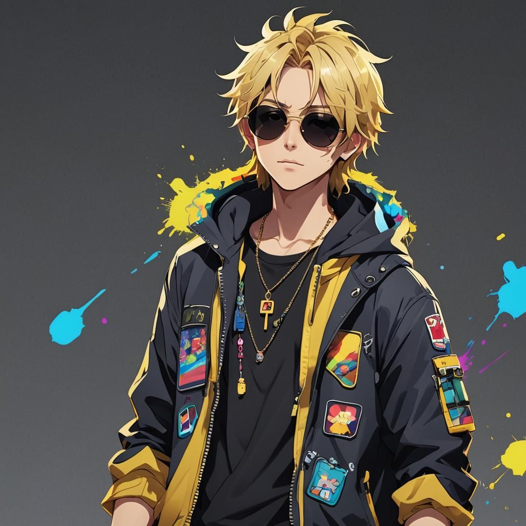 A stylish boy anime character with messy blonde hair, wearing dark  sunglasses. The character is dressed in an yellow hoodie layered under a...  - AI Generated Artwork - NightCafe Creator