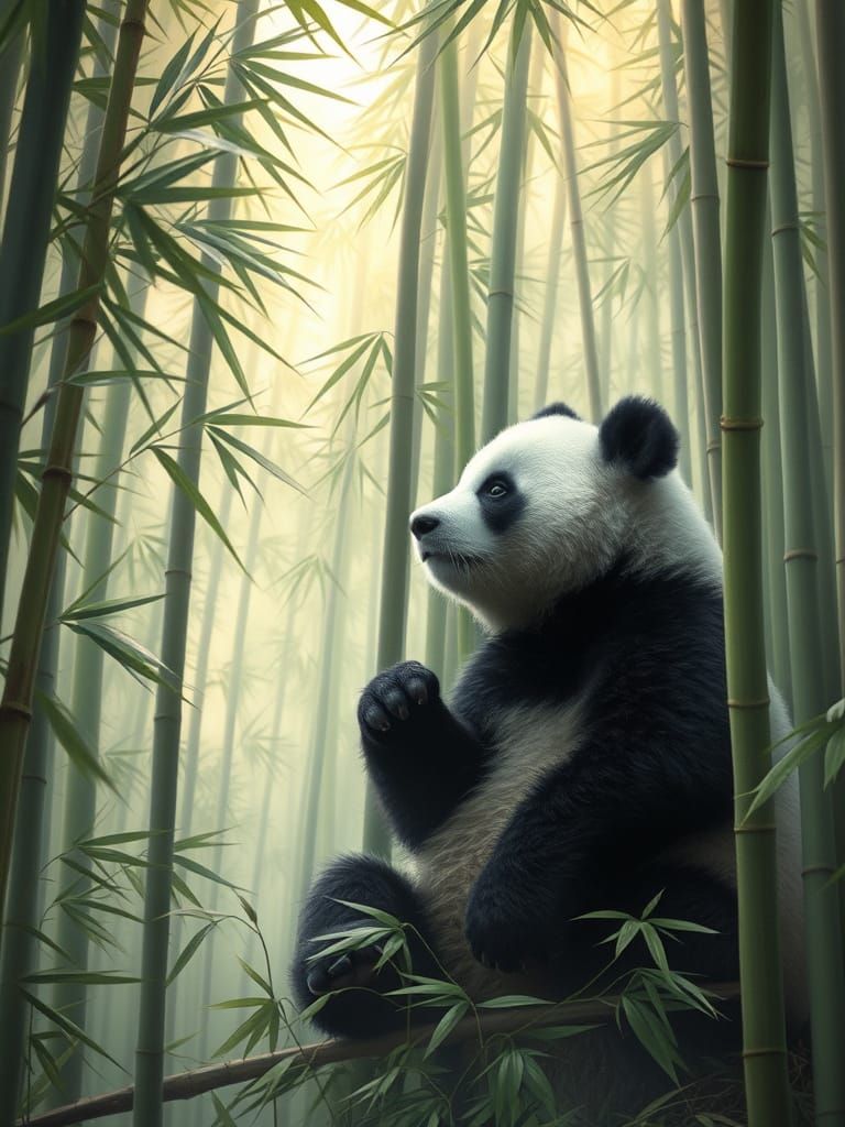 Panda in Misty Bamboo Forest, Ethereal Fantasy Style
