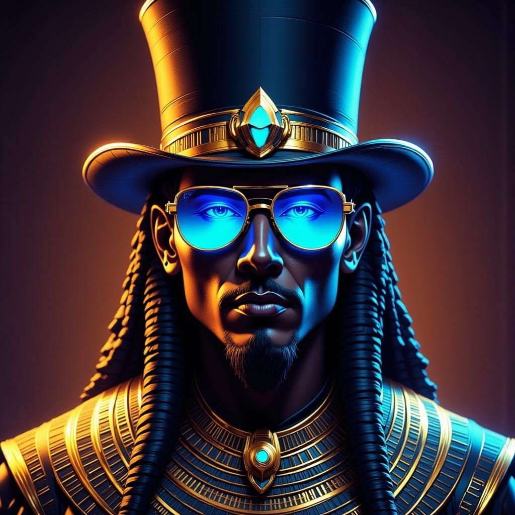 <lora:Egypt Synth Flux:1.0> A steampunk Egyptian aristocrat with glowing blue sunglasses and a top hat