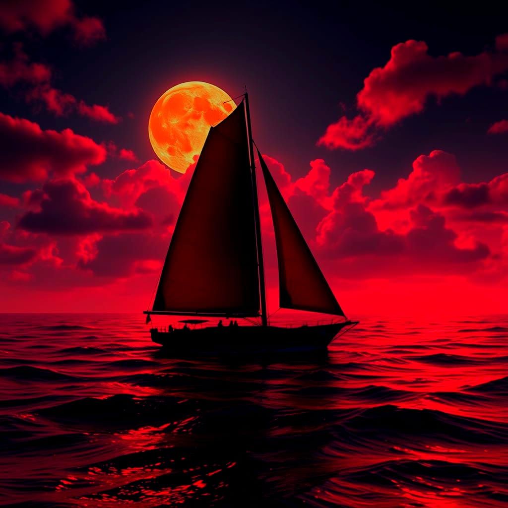 Dramatic Sailboat on Crimson Sea in Cinematic Style