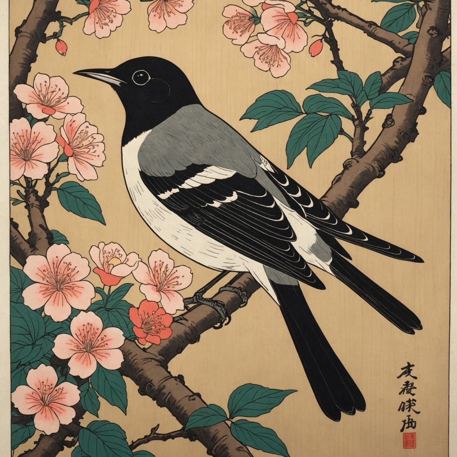 Sakura magpie  by @Pez