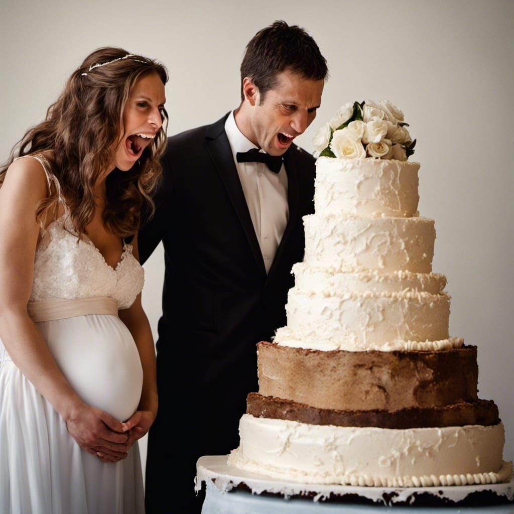 View of a wedding :: Bride and groom next to a wedding cake ...
