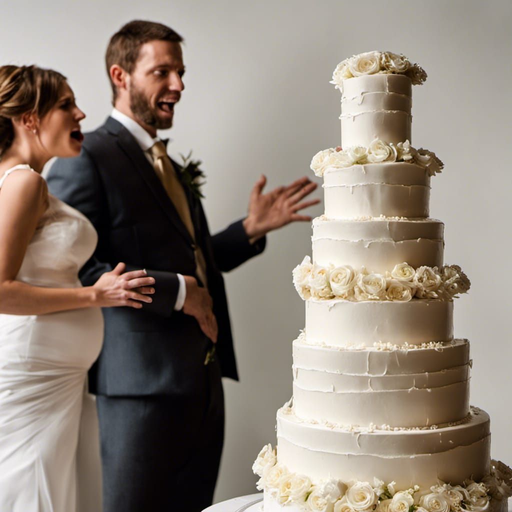 View of a wedding :: Bride and groom next to a wedding cake ...