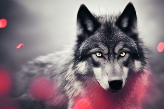 realistic dark wolf, softened small red sparks, moonlight, P...