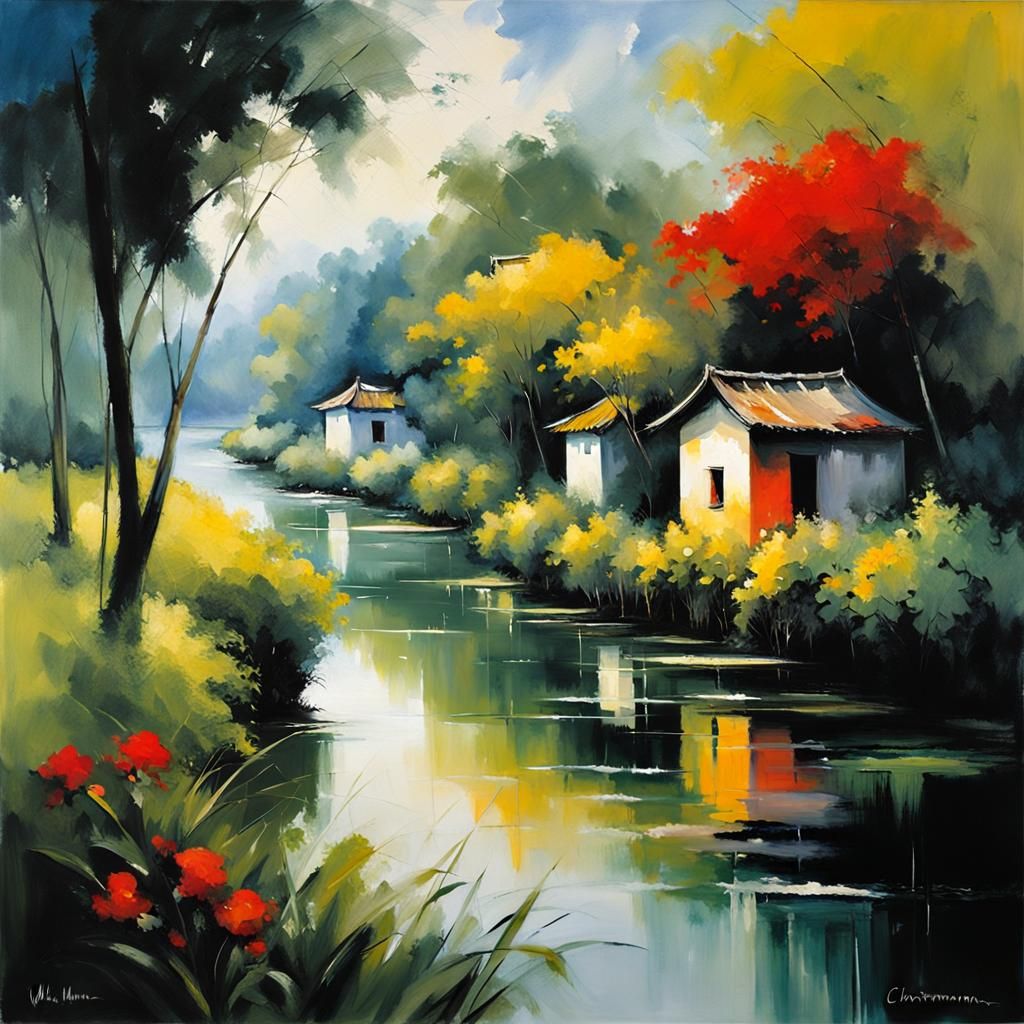 A village by the river ln summer in vietnam. Luxurous vegeta...