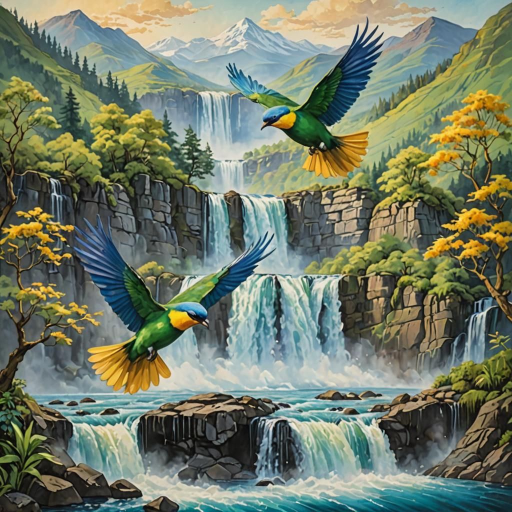 a painting of two birds flying over a waterfall. The birds a...