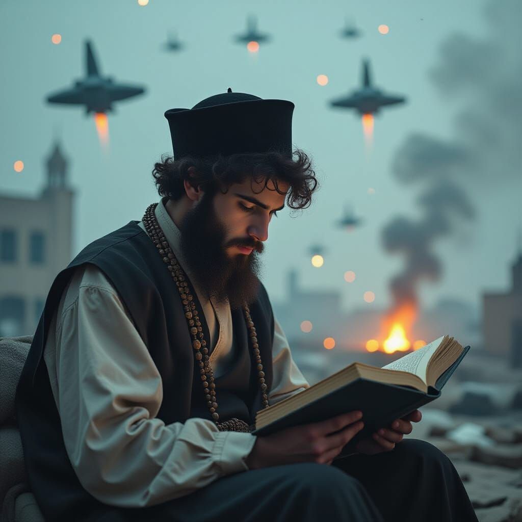 Dystopian Study: Orthodox Man Amidst Falling Rockets