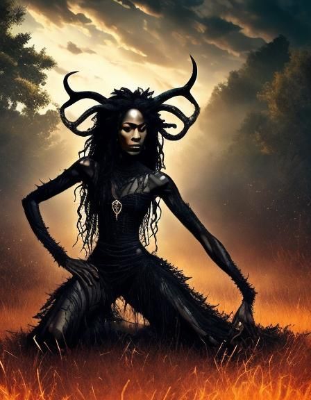 <lora:Chimeras:1.0> Black woman kneeling with many horns, spider legs coming out her head, human black woman spider hybrid, spider chimera,...