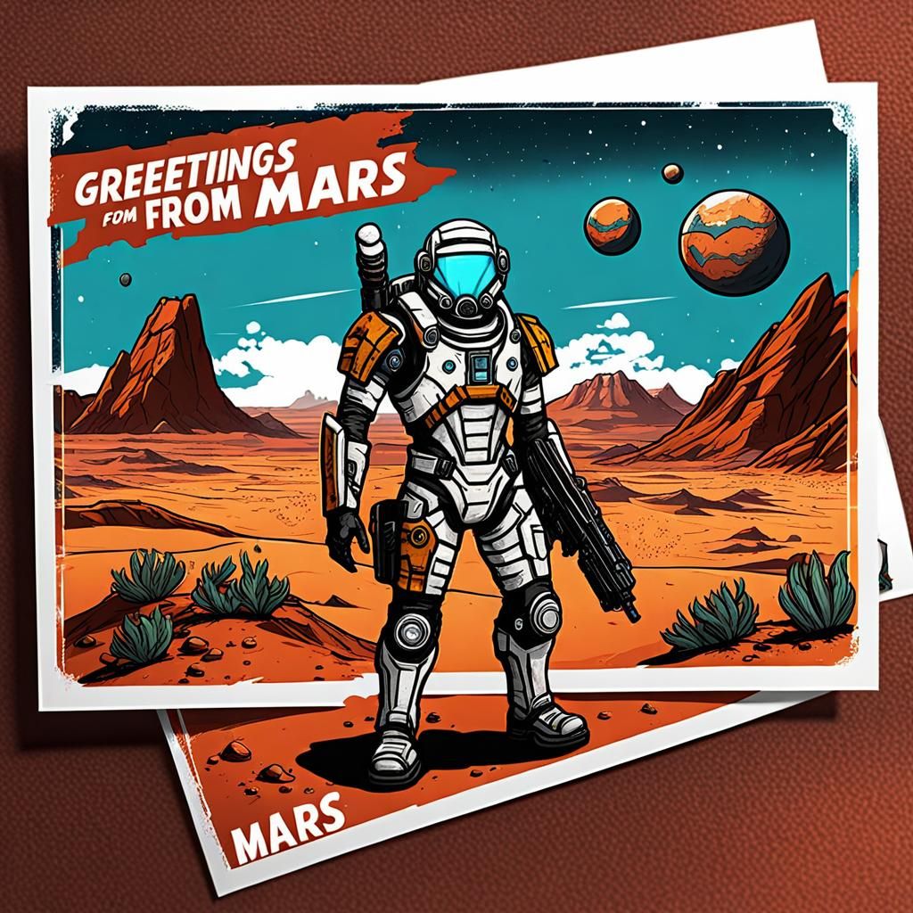 Greetings from Mars! Postcard in Borderlands style art  by @BeardlessCarmen