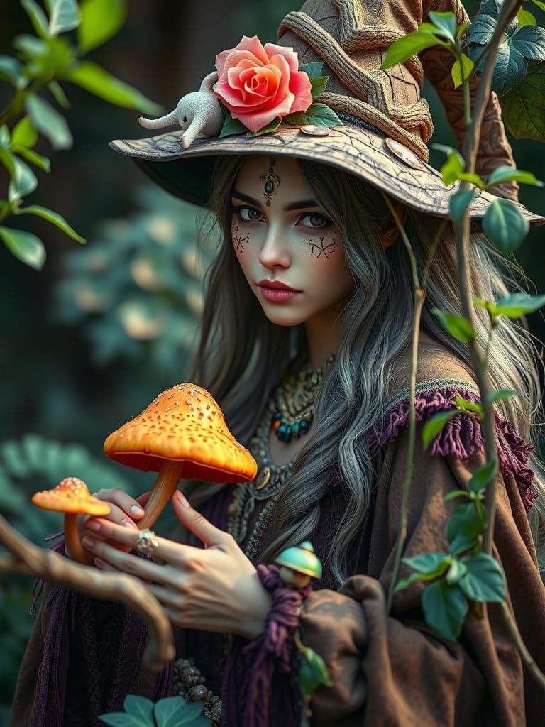 A surrealistic depiction of a beautiful witch of nature, emphasizing her magic abilities to enhance and grow plants and mushrooms.

8k resol...