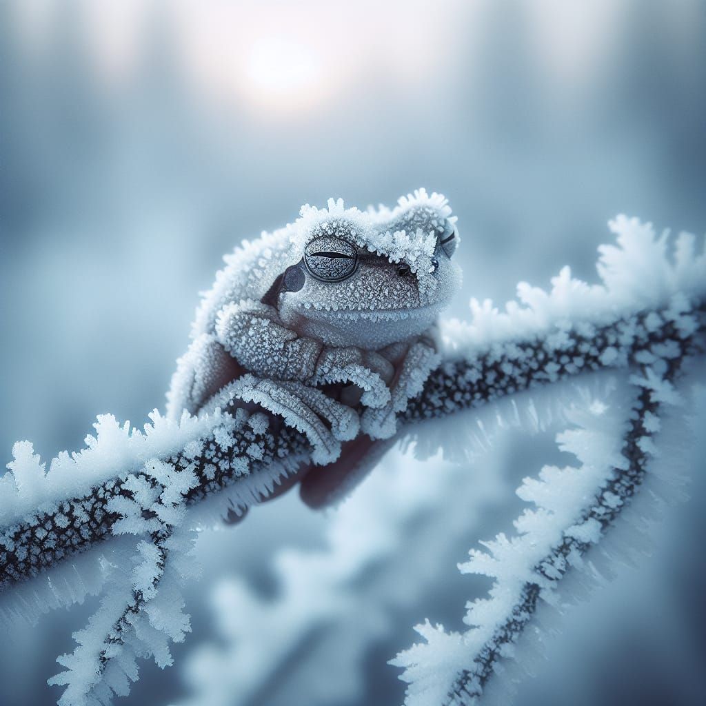🐸❄️🌨️❄️ A frozen Alaskan Wood Frog, covered in a layer of frost  by @Patrick Francart