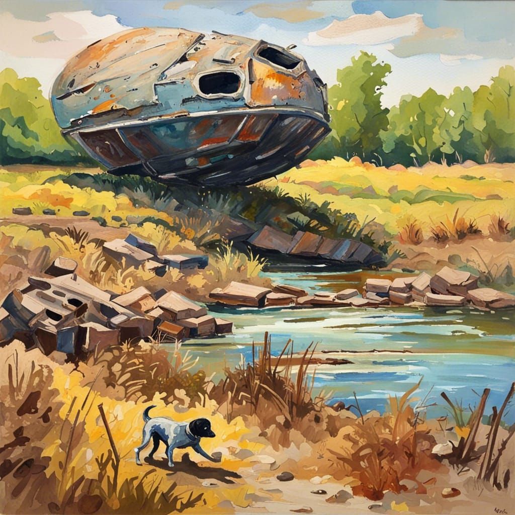 Iowa landscape with a crashed alien vessel being investigate...