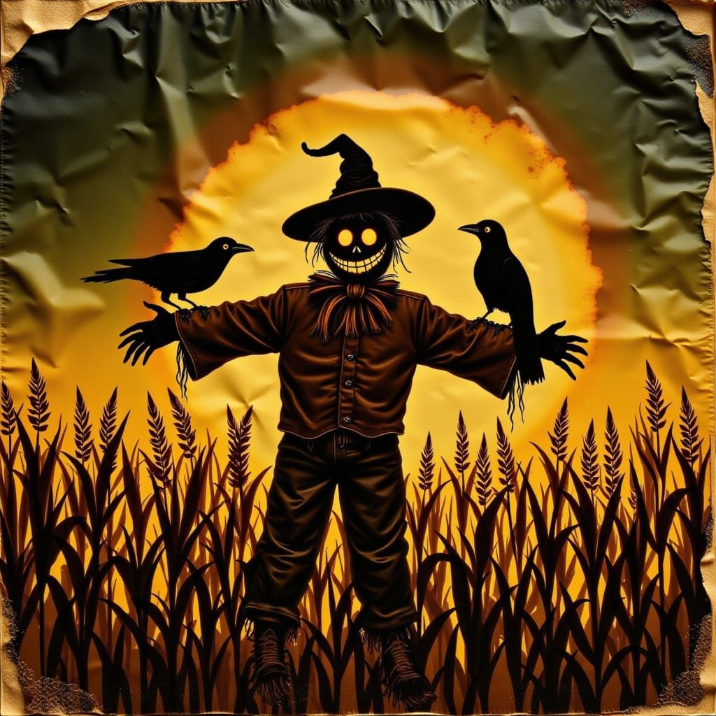 <lora:NC Coffee Stain:1.0> Scarecrow with two crows in a cornfield at night made of coughie stains.
