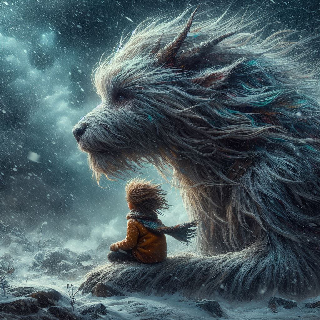 Close-up of a creature sitting in a storm with a magical animal, long messy hair, thick fur coat. Rough paint strokes, rough textures, cold,...