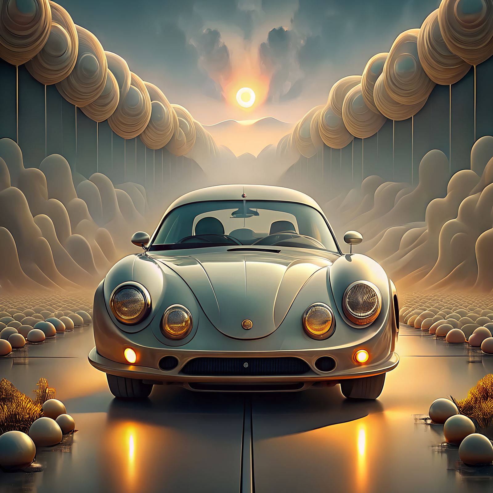 Old Porsche in abstract landscape