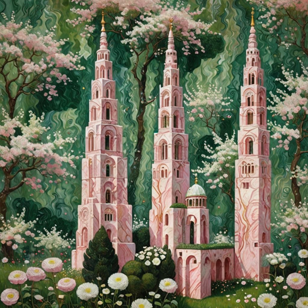 Twin towers in pink marble on a green land, white flowers. Gustav Klimt 