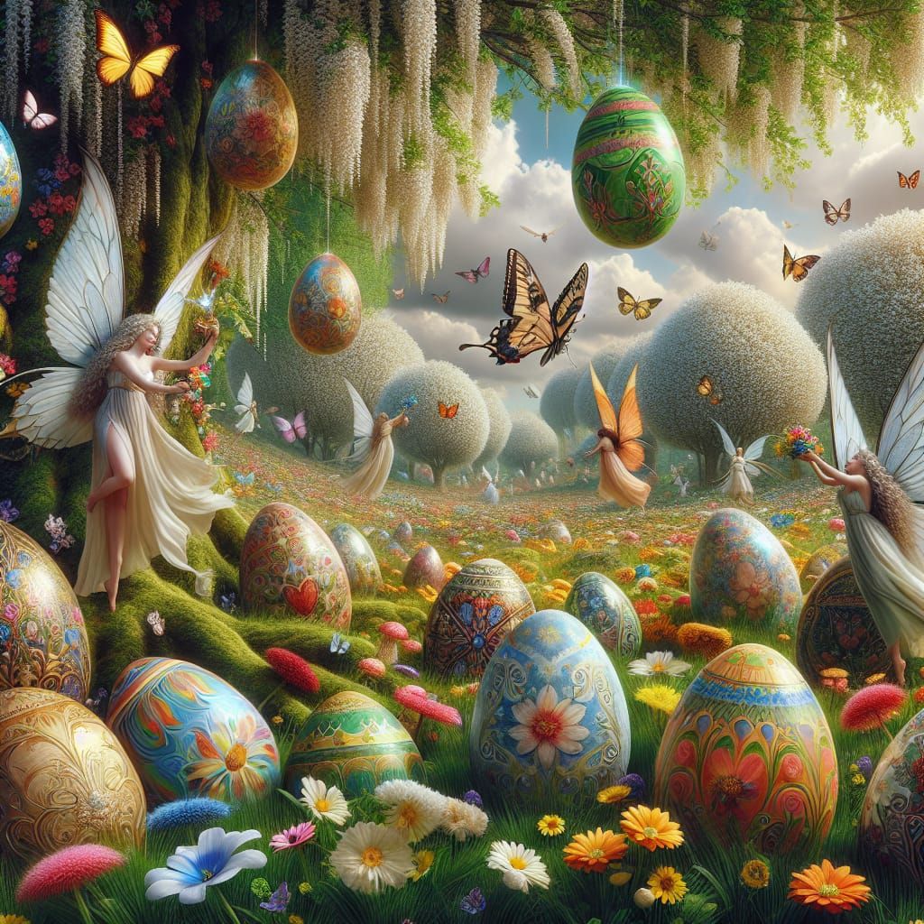 Fairies flitting in a meadow painting Easter eggs, green grass, flowers ...