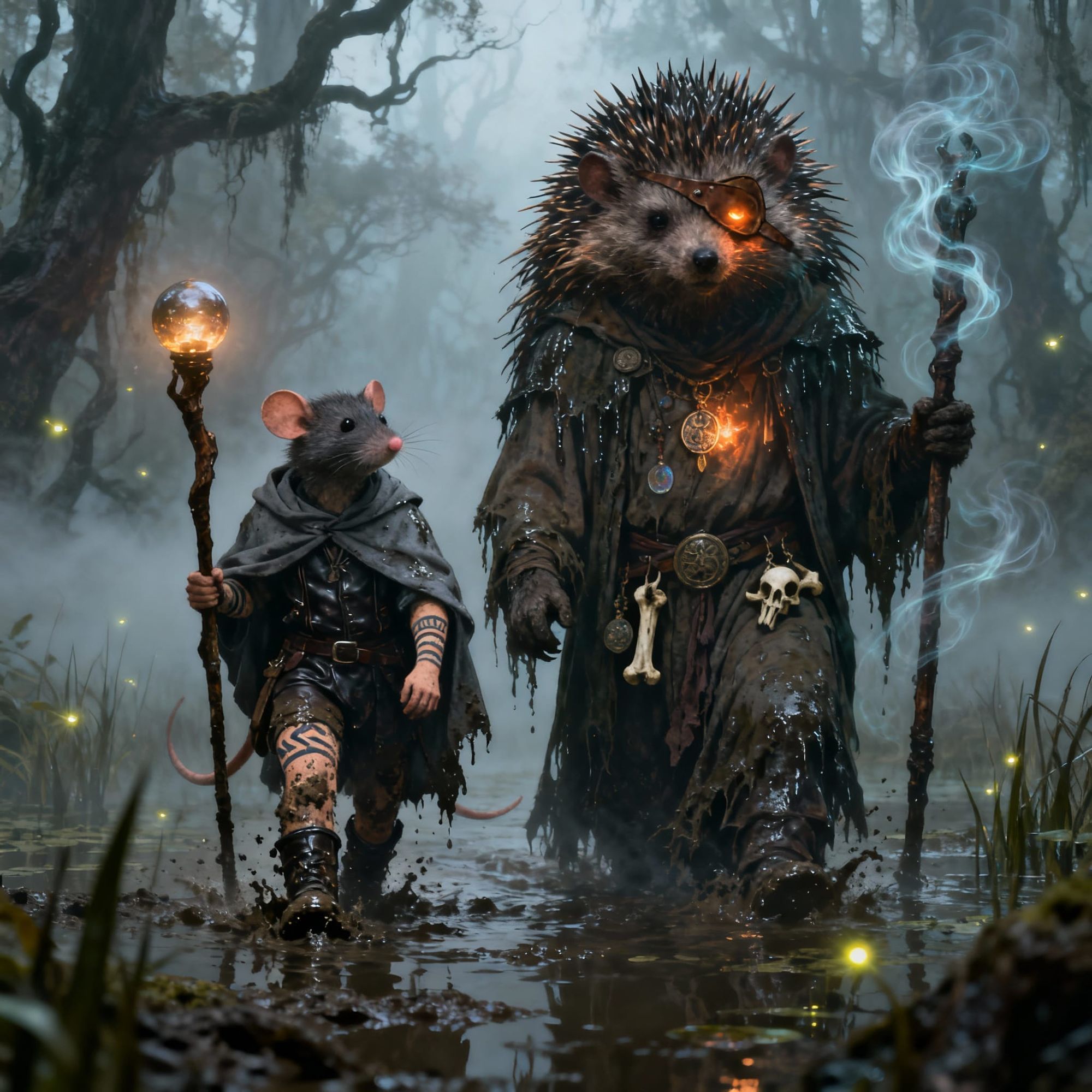 Finn, an anthropomorphic wandering mouse in a dark leather outfit and a soaked grey cloak, trudging through a murky swamp. He is covered in ...