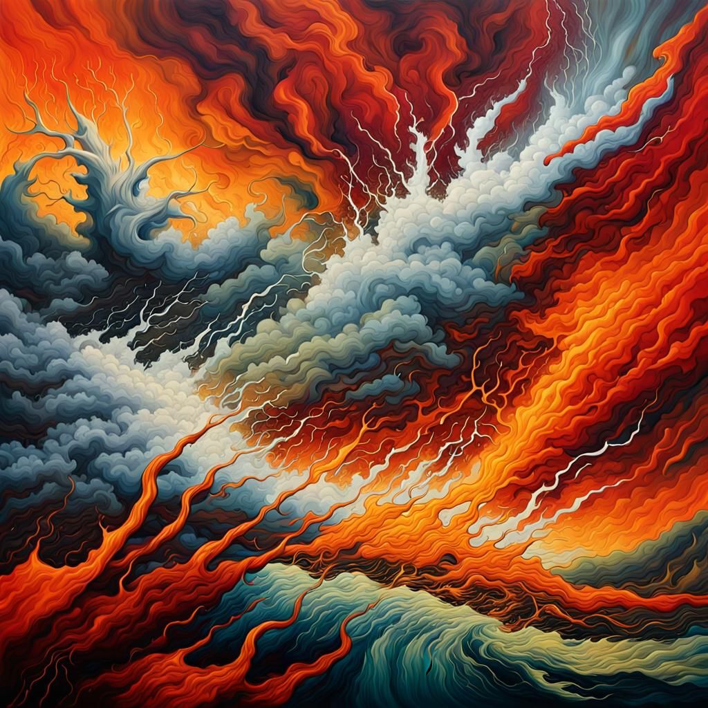 A dynamic rich colour art work depicting Natures fury