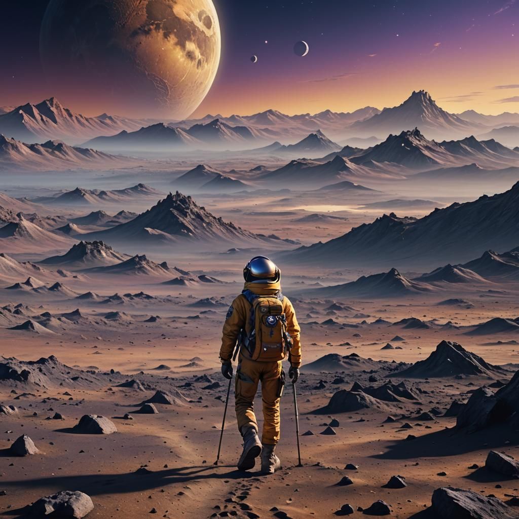 Explorer Walks on Moon in Matte Painting Style