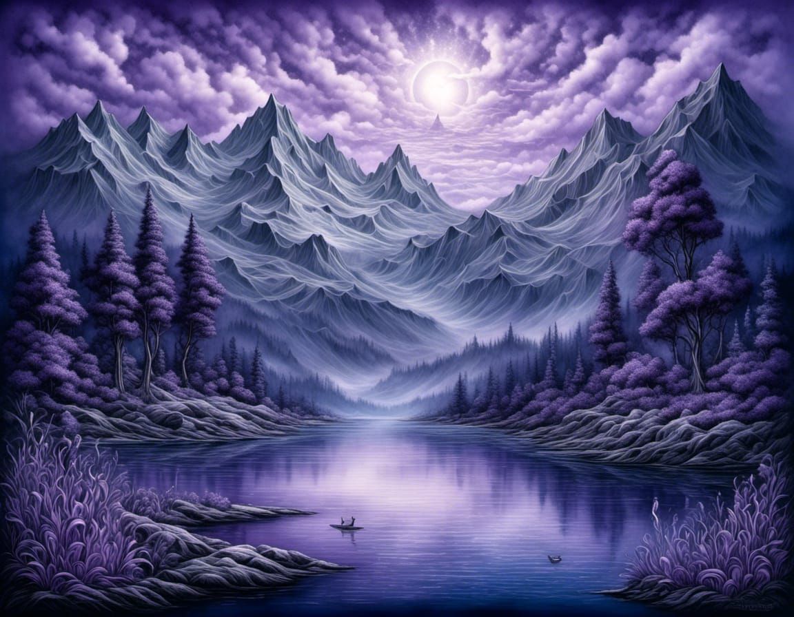 Amethyst Monochromatic Landscape: Serene Synthwave Watersmok...