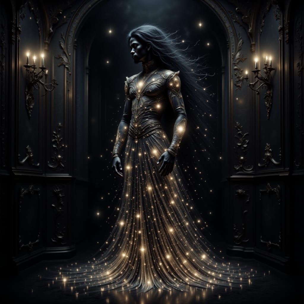 <lora:Darkspark Intensity:1.0> Glowing dynamic black African goth metalhead long haired spirit man in a dark room in a Victorian dress, glow...