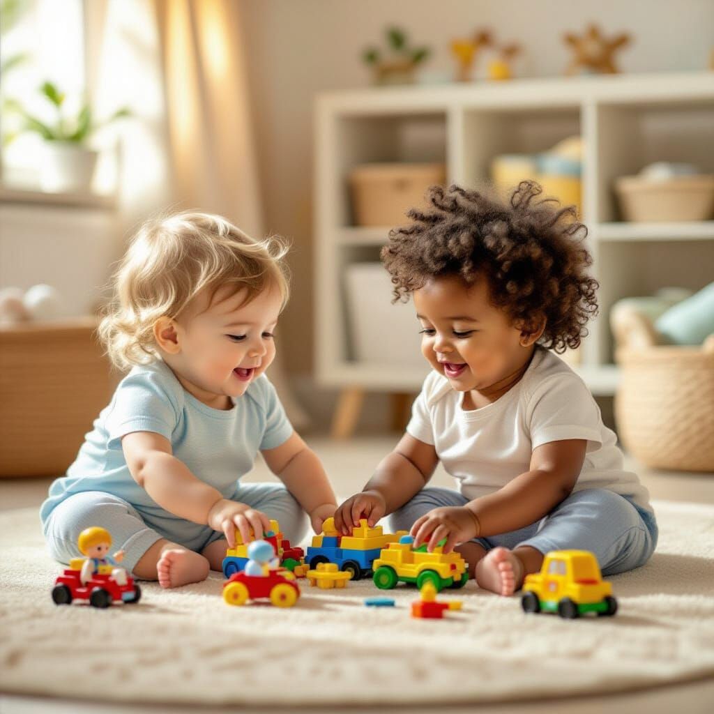 Babies Joyfully Play with Playmobil Toys in Cozy Room