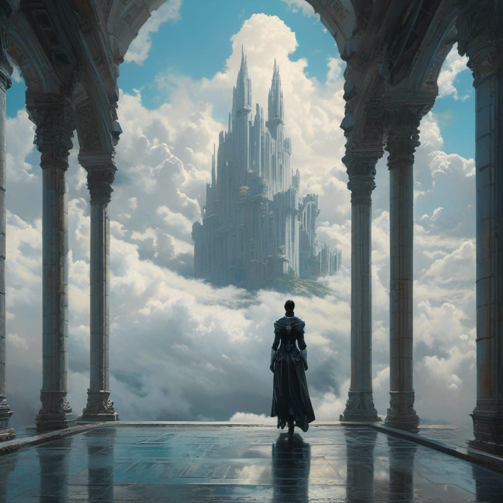 <lora:Floating Buildings:1.0> photorealistic painting of a colossal gothic building system floating in the clouds in the style of futuristi...