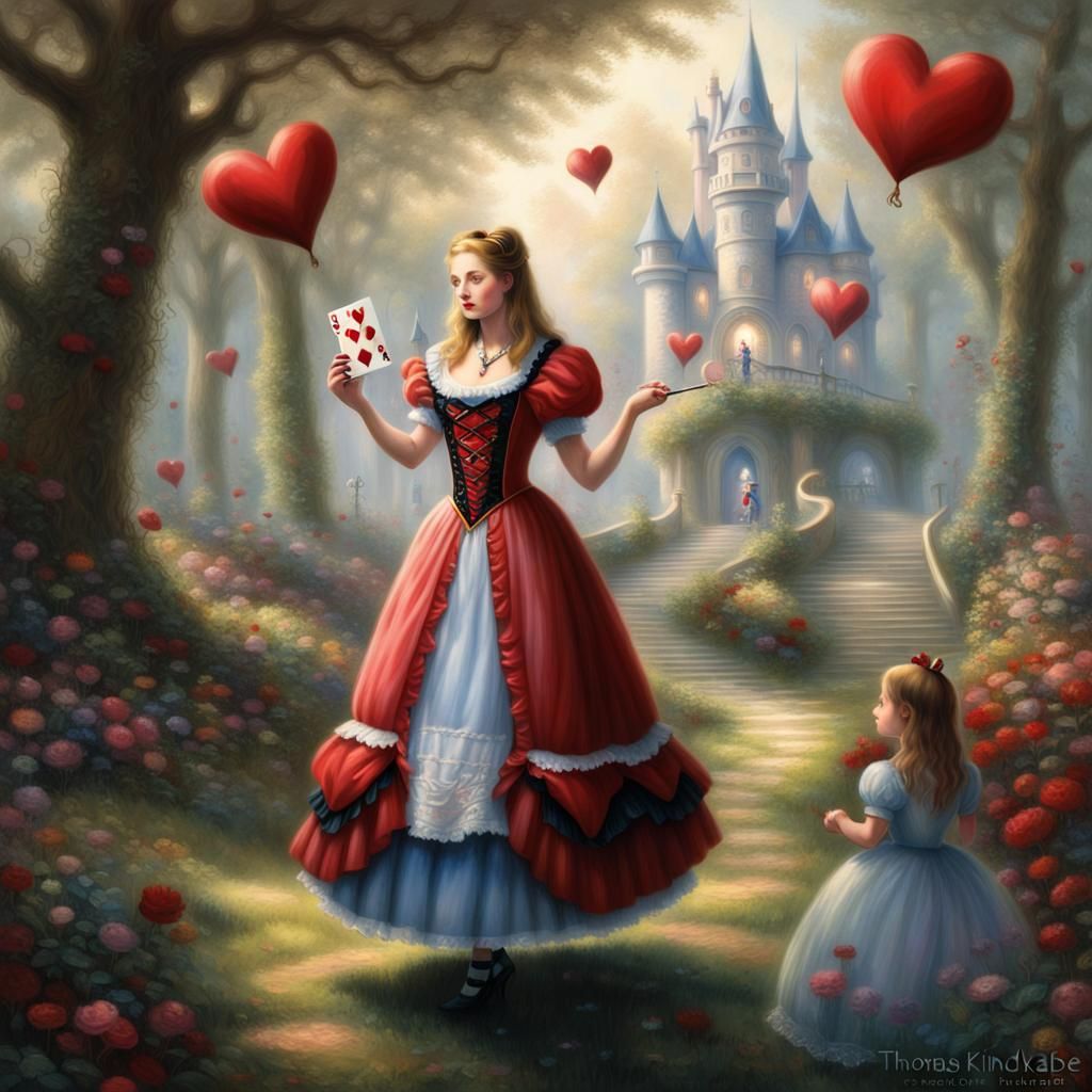 Alice in Wonderland holding the Queen of Hearts in her hand