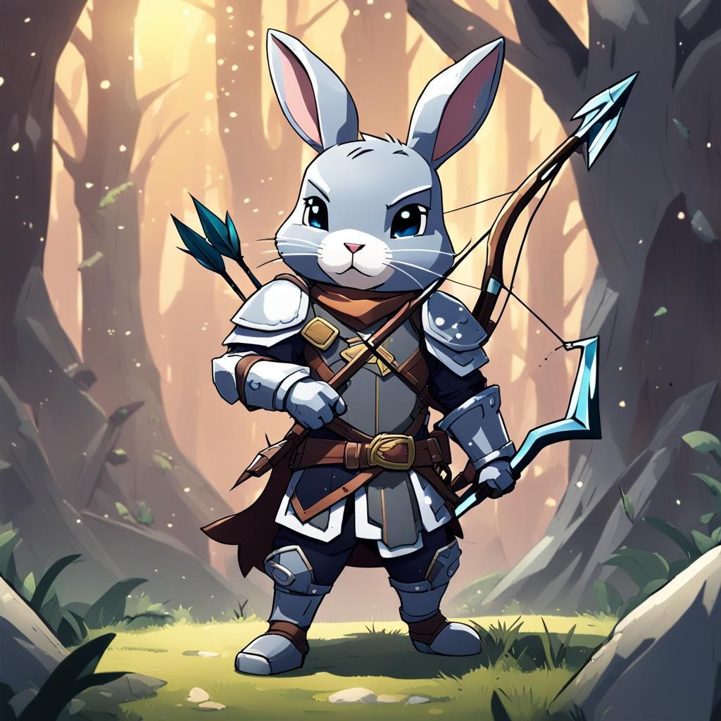 Small gray bunny, d&d ranger,  bow and arrows, leather armor...