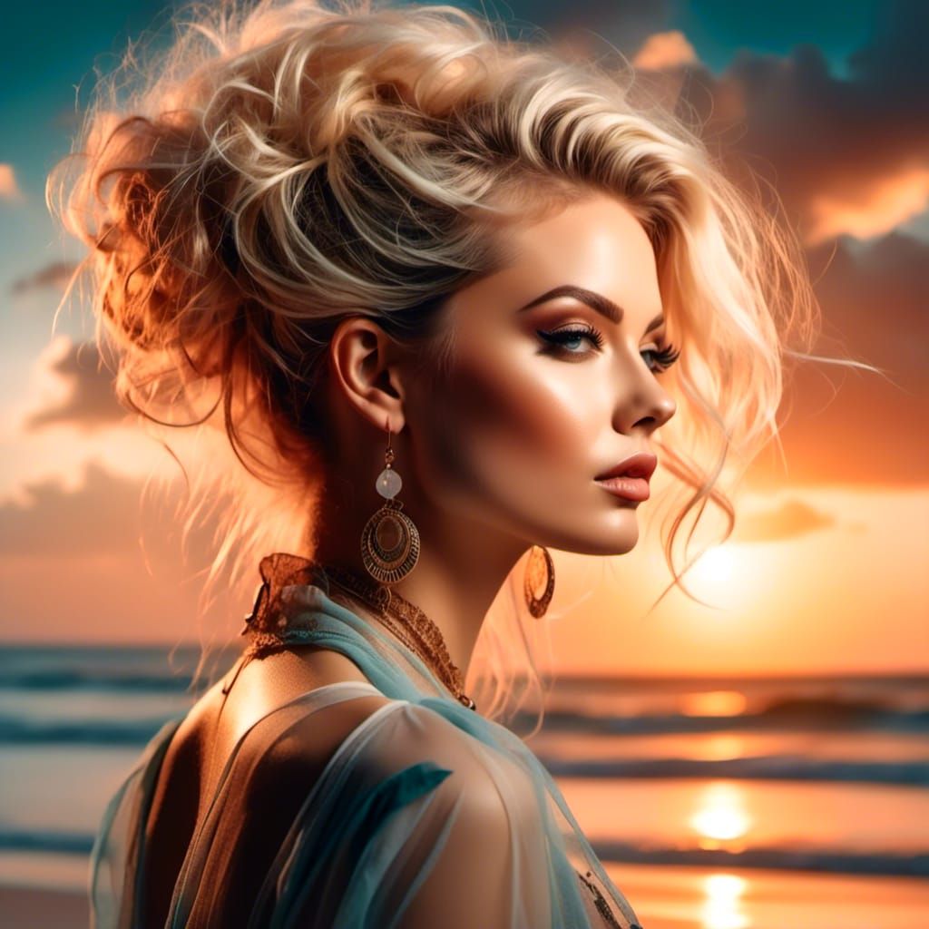 <lora:Dreamy:1.0>gorgeous woman captured in a <lora:Folklore:1.0>double exposure photograph, layers merging into a scene of a sunset beach,...