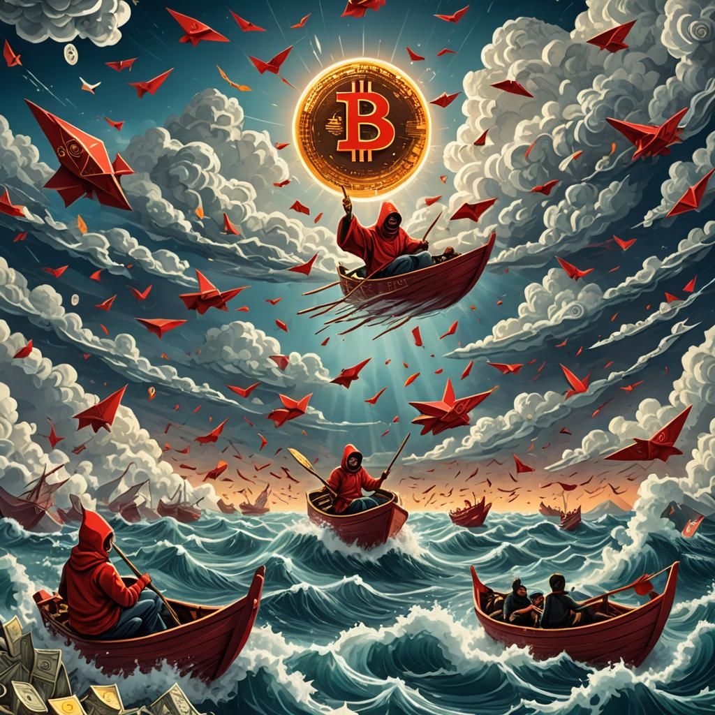 Cartoon ocean with a bitcoin sun in the background , paper p...