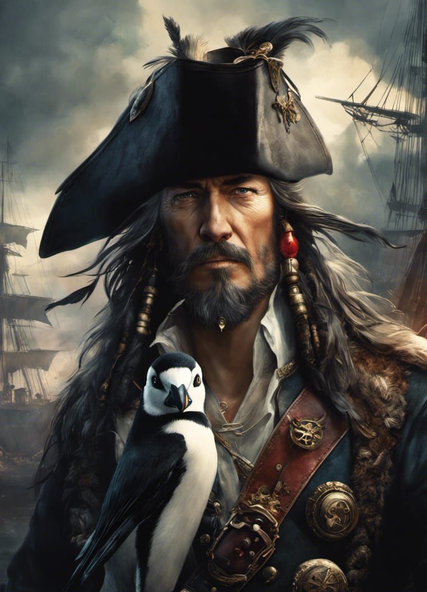 portrait of a pirate with pinguin head, pirate gear, dramatic ...