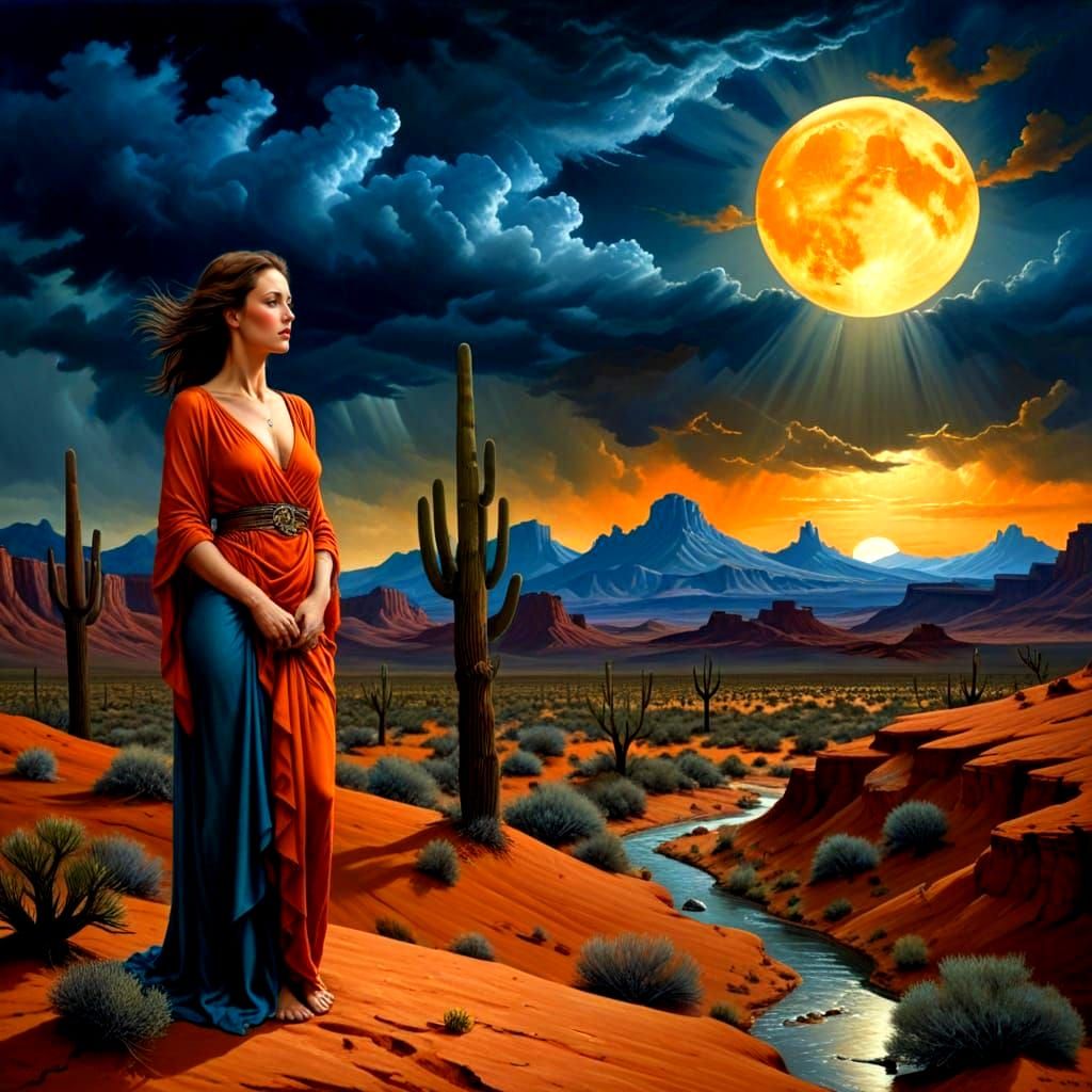 Surreal Desert Goddess in a Haunting Moonlit Landscape