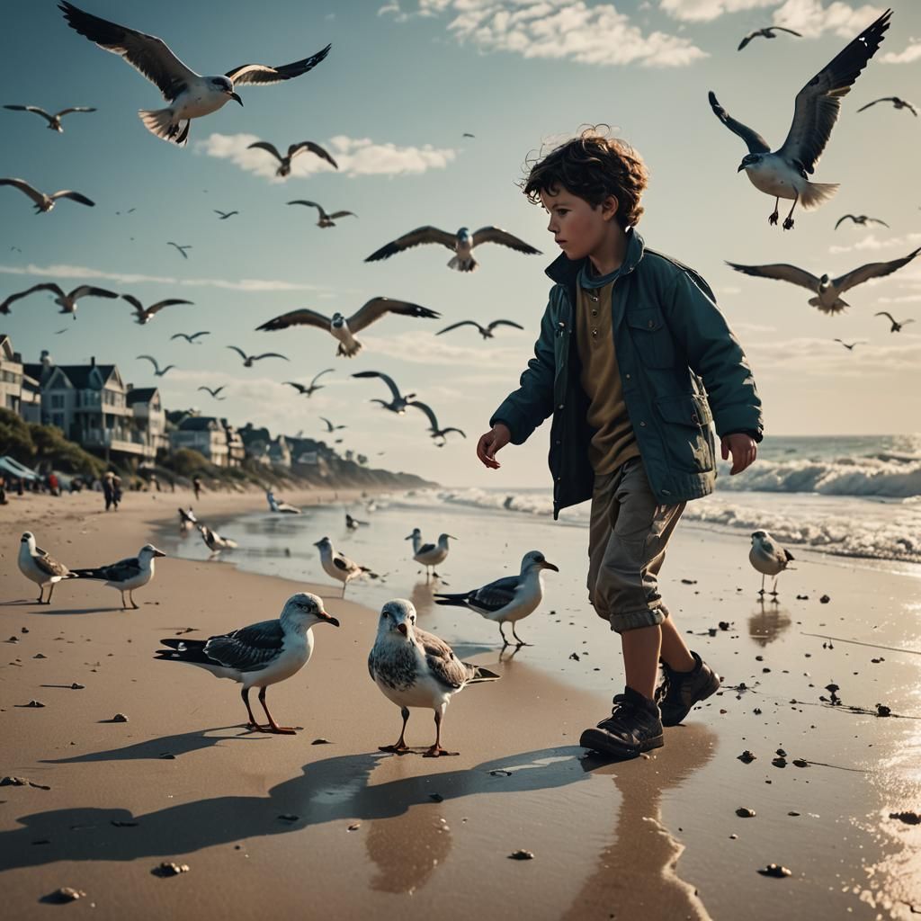 an ultrarealistic photo of a little boy hunting seagulls at ...
