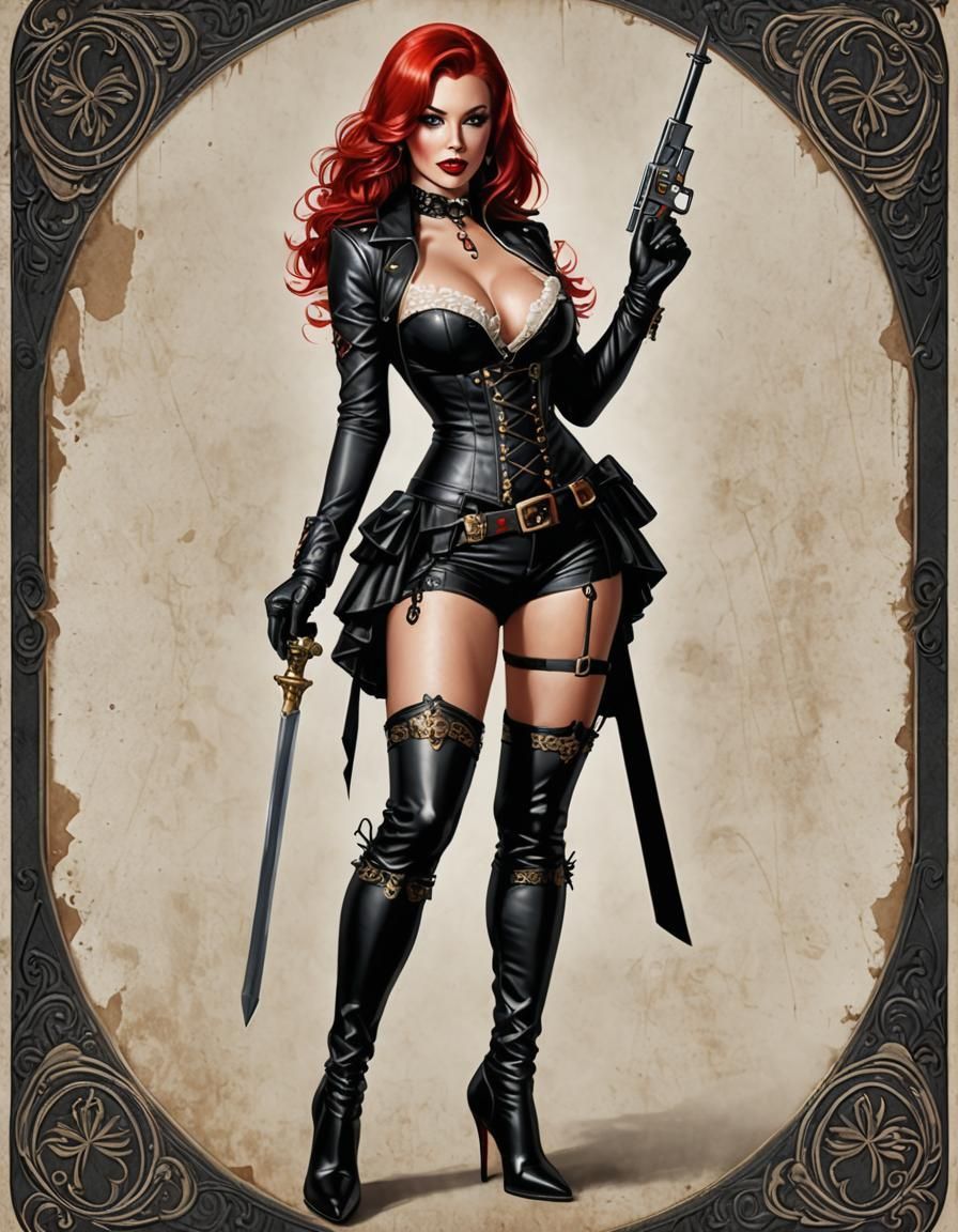 Ace of black spades pinup girl with red hair