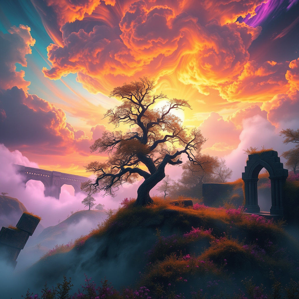 Mystical Landscape with Ornate Tree in High-Fantasy Style