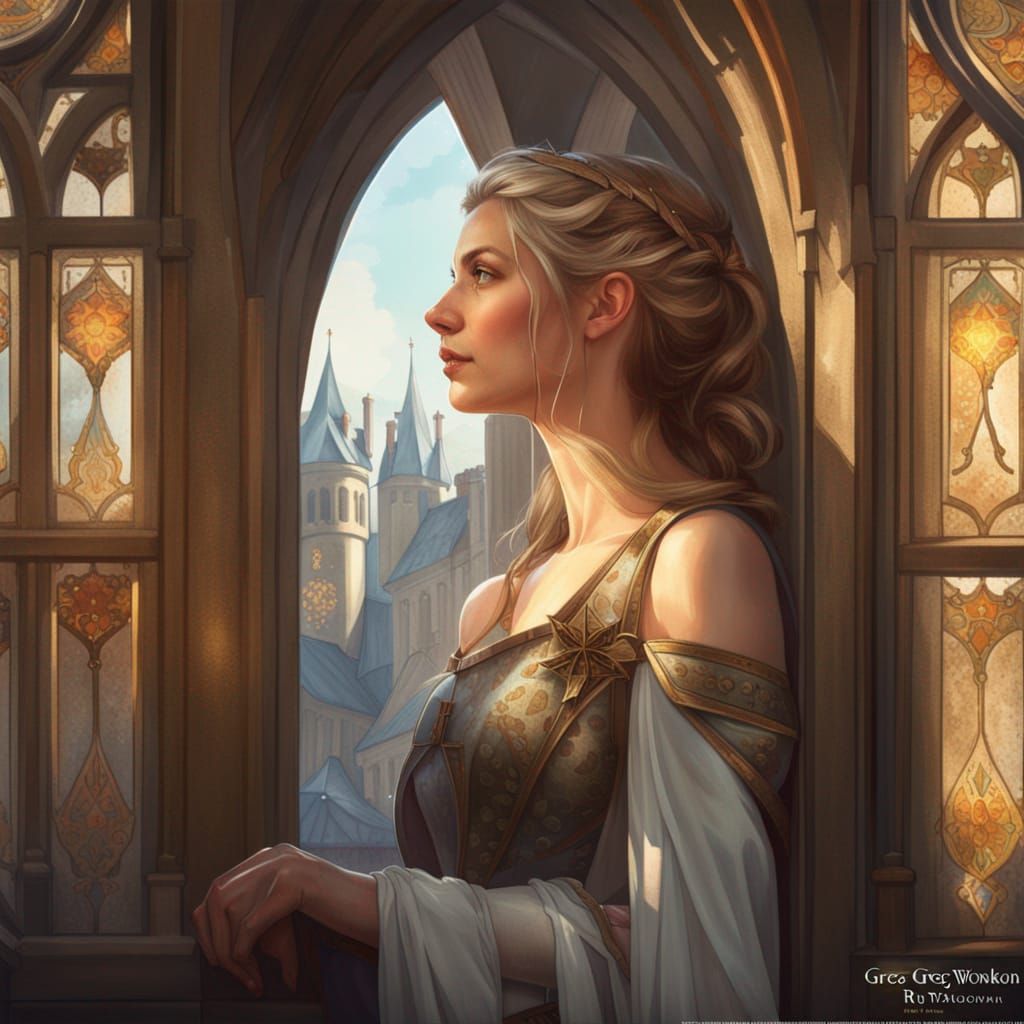 beautiful medieval lady looking out the castle window head and shoulders portrait, 8k resolution concept ...  by @AmyLuPotter