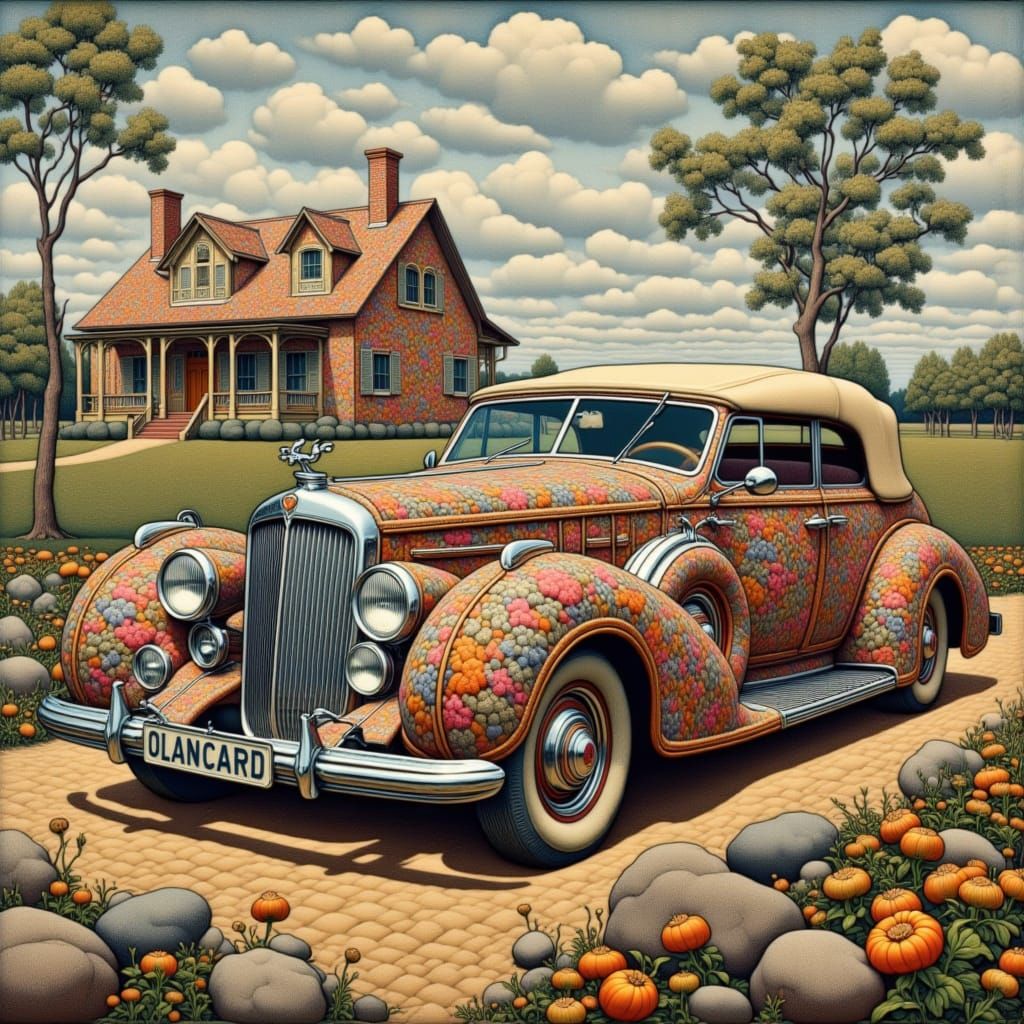 <lora:flat:1.0>  flat image hyper detailed sketch old packard car made of jacquard near house made of jacquard. Primitivism, comical, hyperb...