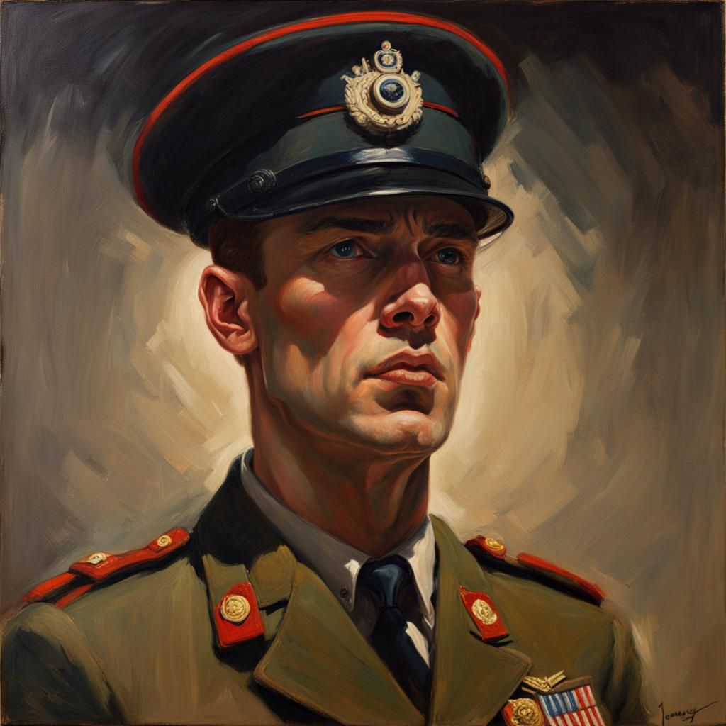 A picture of a soldier in their uniform, with bright lightin...