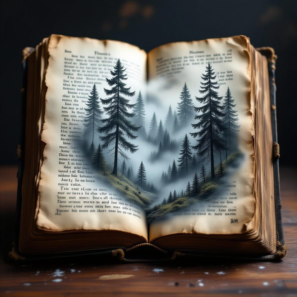 An open book lies on a wooden table.
On the left page, there is written text describing a gloomy misty forest.
From the right page, a real t...