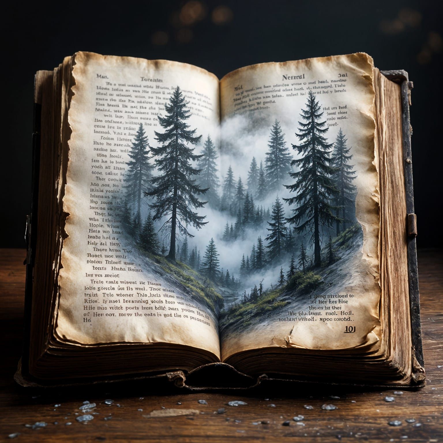 An open book lies on a wooden table.
On the left page, there is written text describing a gloomy misty ...  by @Schoor
