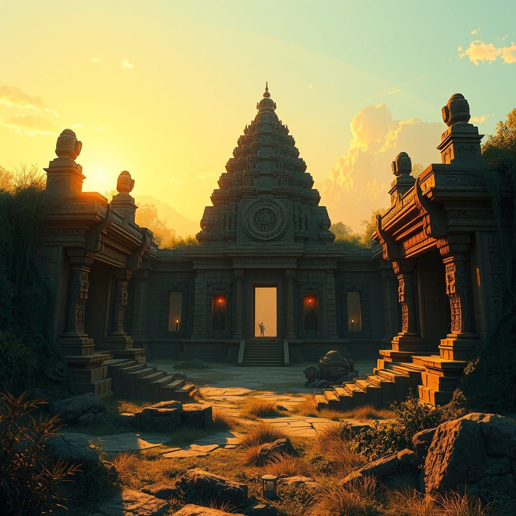 Futuristic Ancient Temple Ruins at Sunset