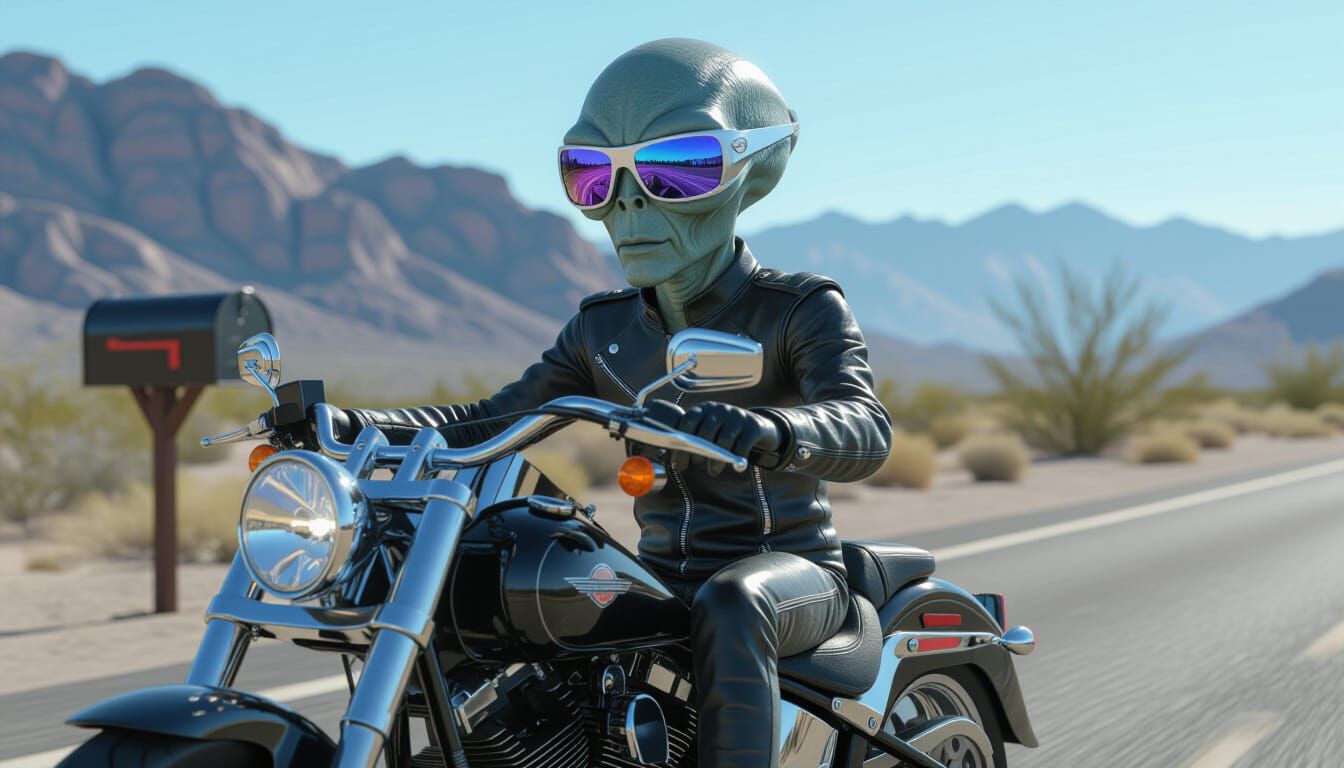 A grey alien with wrap around Oakley sunglasses rides a custom Harley Davidson along the Alien Highway past the black mailbox. 