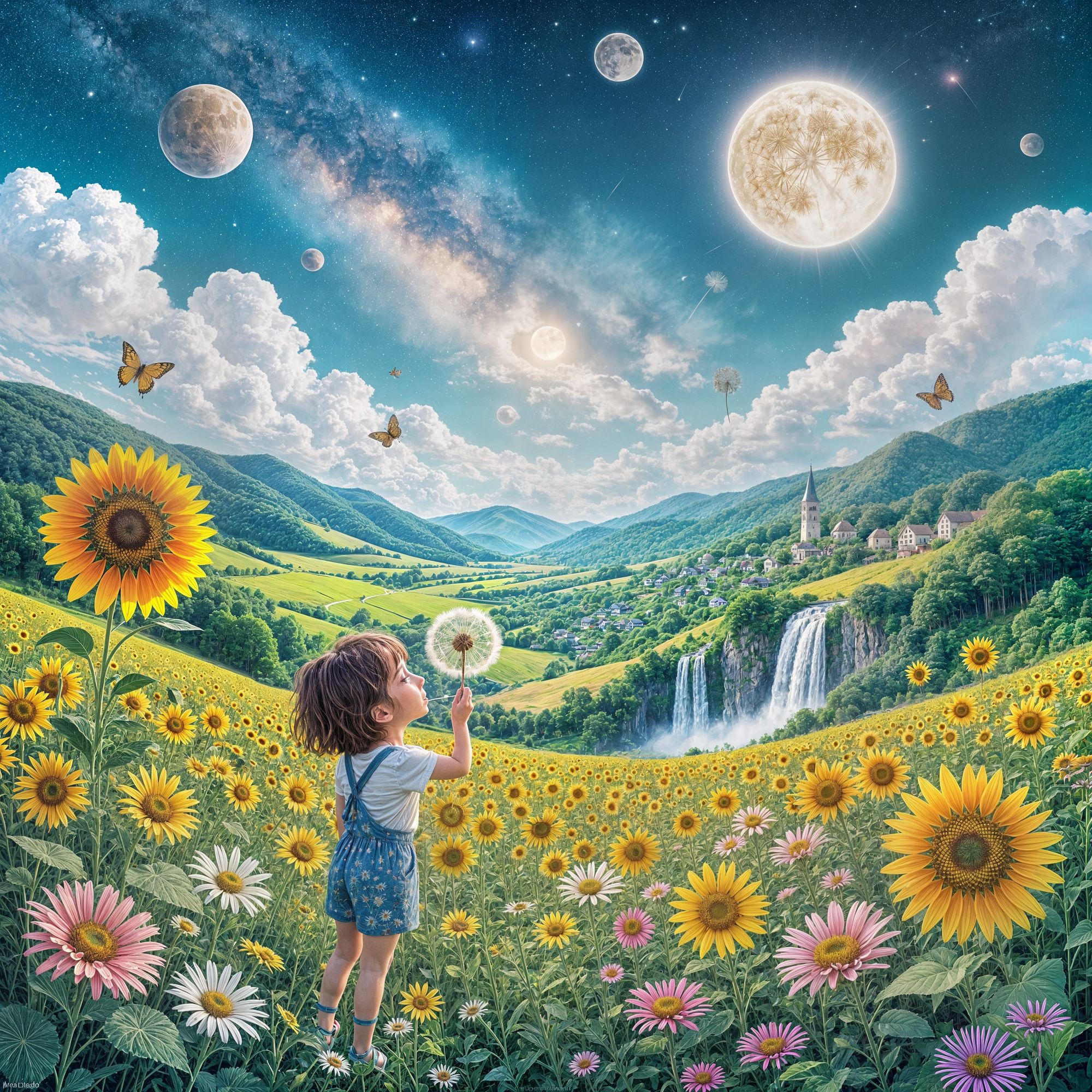 In a trippy, detailed watercolor animation style, a young child is depicted blowing out a dandelion in a flower-filled field overlooking a s...