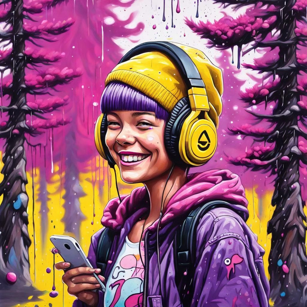 Girl with short purple hair smiles happily Carrying a yellow...