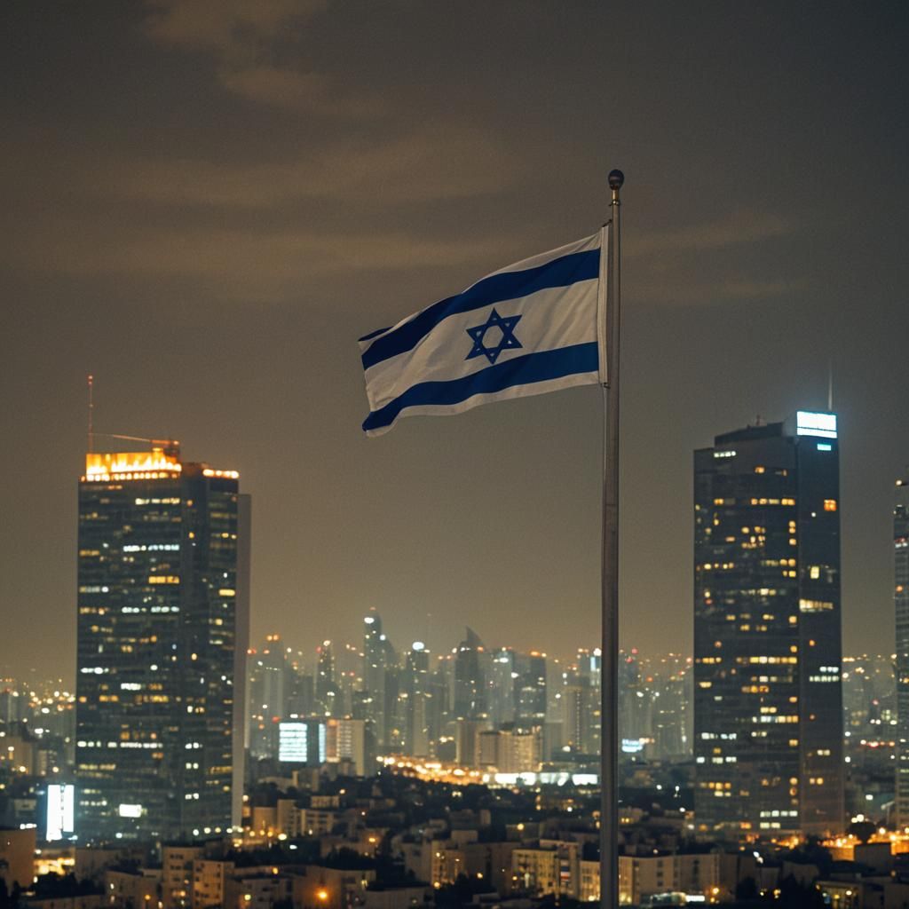 Israeli Flag Waves Over Tel Aviv at Night